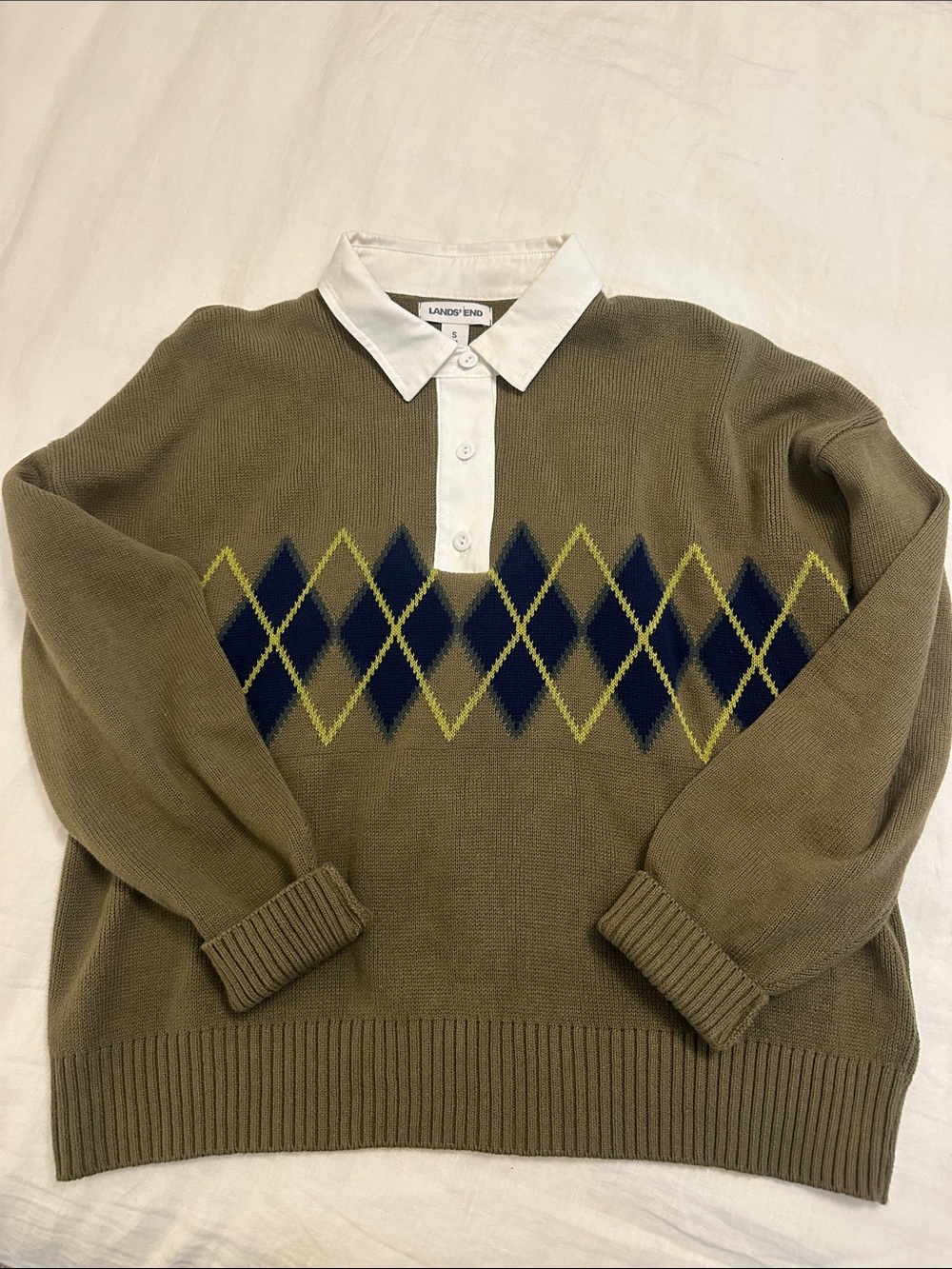 Lands' End Olive Crewneck Sweater with Navy and Lime Argyle